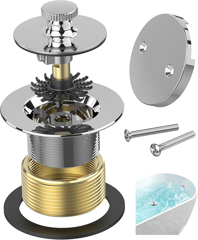 Chrome Plated Bathtub Drain, Hair Catcher and 2-Hole Overflow Faceplate by AllProducts