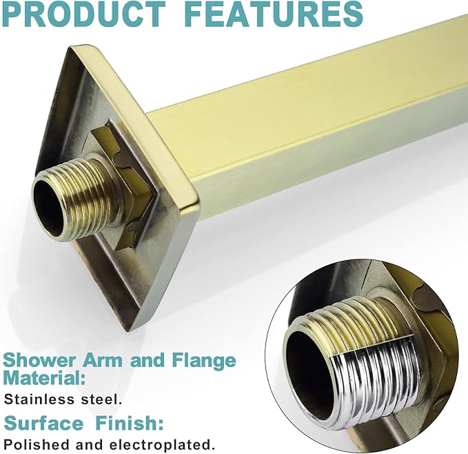 BESTILL 20 Inch Brushed Gold Ceiling Mount Shower Arm and Flange, Square Rain - Image 6