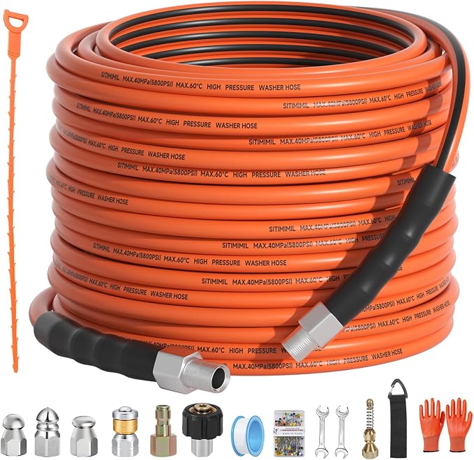 Sewer Jetter Kit for Pressure Washer 100FT, 5800psi Drain Cleaner Hose 1/4 Inch by SITIMIMIL