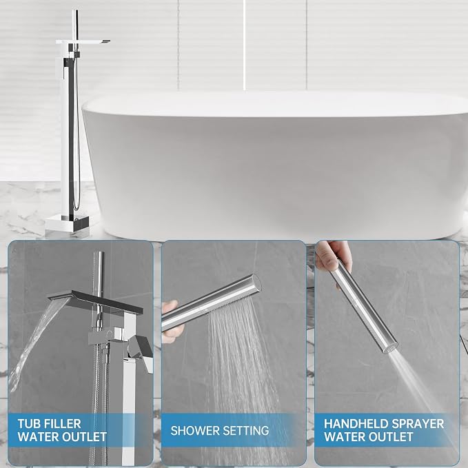 RUMOSE Polished Chrome Bathtub Filler Freestanding Tub Filler Floor Mount Tub - Image 2