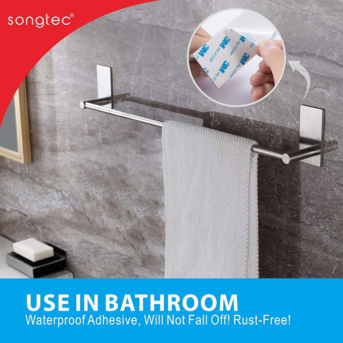 Adhesive Bath Towel Bar 24-inch, No Drill Stick On Towel Rack, Easy Install - Image 2