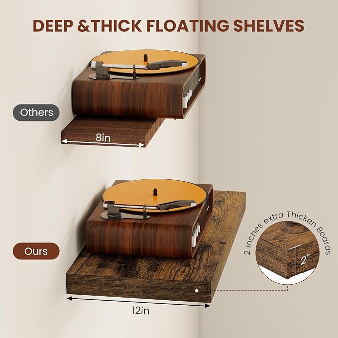 Vivelove 12" Deep Floating Shelves Over Toilet, Farmhouse Rustic Shelves - Image 4