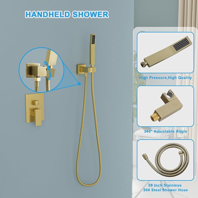 Lordear 12 Inch Rainfall Shower System Wall Mounted Shower Head Faucet Set Gold - Image 6