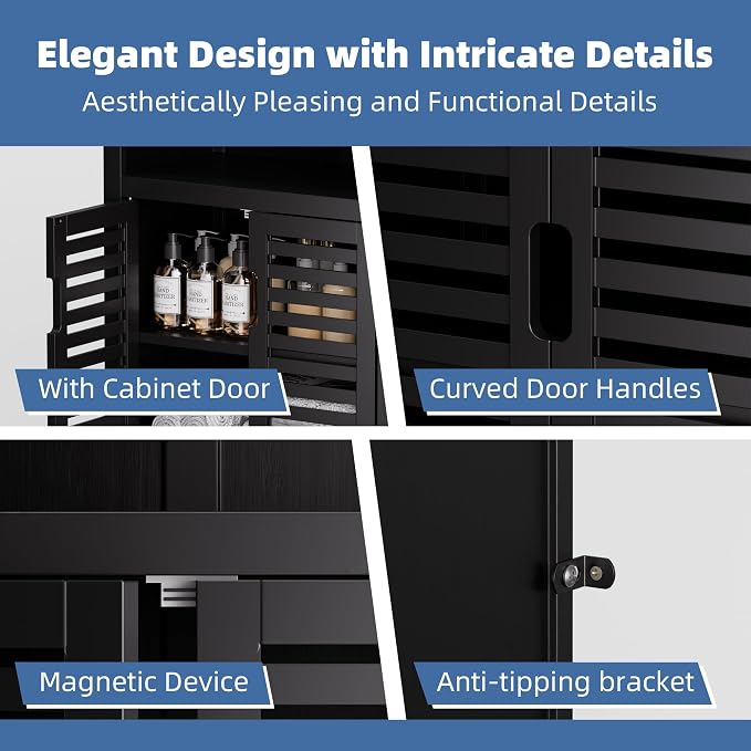HITNET Black Bathroom Storage Cabinet, Freestanding Bamboo Floor Cabinet 5 Tier - Image 6