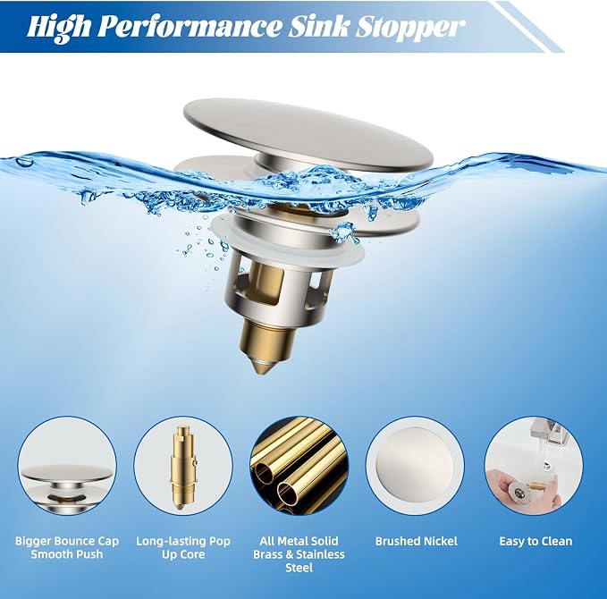 Hibbent All Metal 2 in 1 Bathroom Sink Stopper, Universal Pop Up Drain Strainer - Image 2