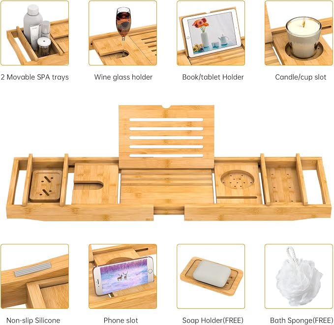 Bamboo Bathtub Tray for Luxury Bathroom, Expandable Premium Bath Tray w/Soap - Image 3