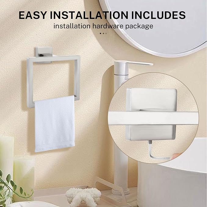 2-Piece Brushed Nickel Square Towel Ring, Modern Hand Towel Holder - Image 2