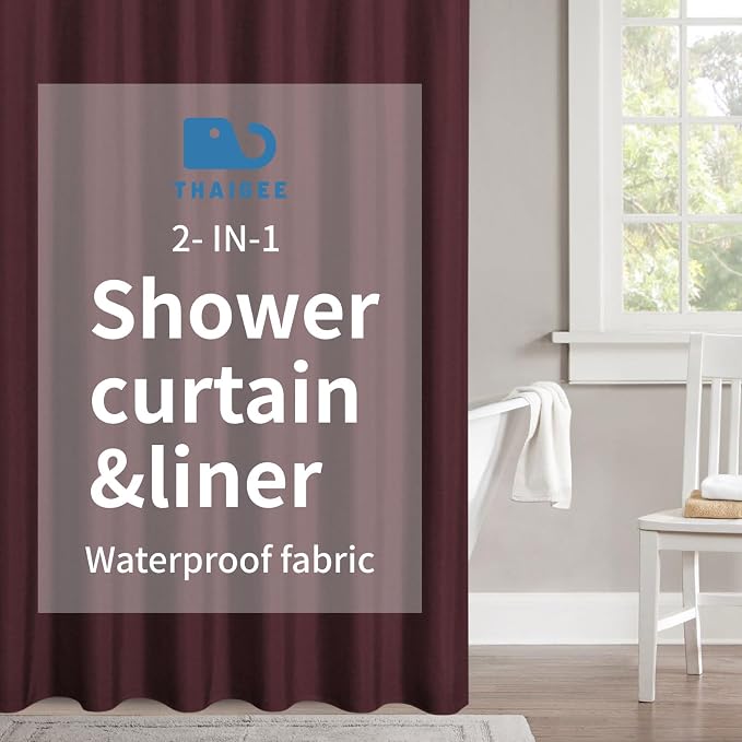 2-in-1 Waterproof Fabric Shower Curtain or Liner, Linen Textured, Breathable by THAIGEE