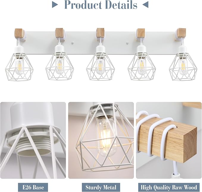 Farmhouse Vanity Light for Bathroom, 5-Light White Wood Bathroom Vanity Light - Image 3
