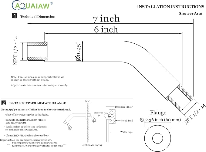 Aquaiaw Shower Arm and O-Ring Flange, 6 inch, Solid Brass, Brushed Gold - Image 6
