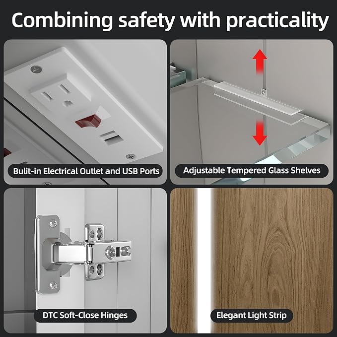 Medicine Cabinet with LED Lights and Mirror, 36 x 32 Inch Surface or Recessed - Image 6