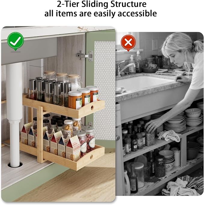 Bamboo Wood Under Sink Organizer 1 Pack, Pull Out Cabinet Organizer 2 Tier - Image 6