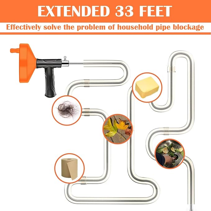 Drain Snake Auger 33 Feet, Plumbing Snake Drain Hair Clog Removal Tool - Image 6