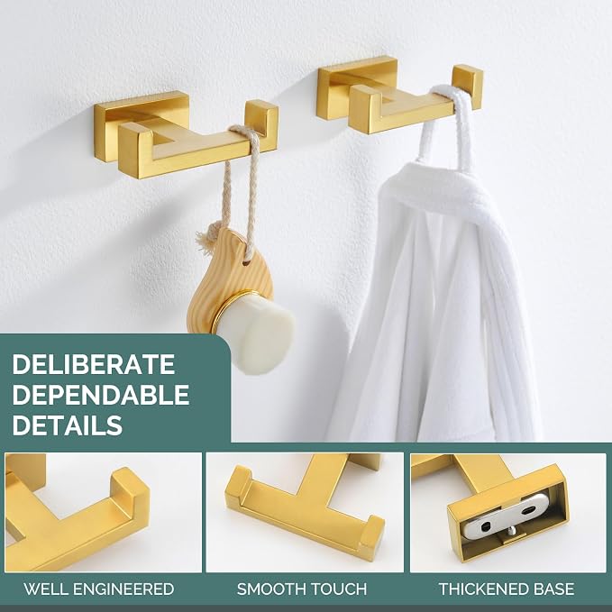 Angle Simple Double Towel Hook Brassy Gold 2 PCS, SUS304 Stainless Steel - Image 7