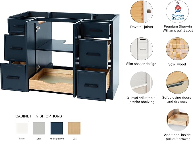 ARIEL Kelly 48 inch Bathroom Vanity Without Sink in Midnight Blue, Bathroom - Image 4