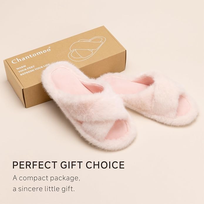 Chantomoo Womens Slippers Memory Foam Fuzzy Cross Band Faux Fur Slippers - Image 5