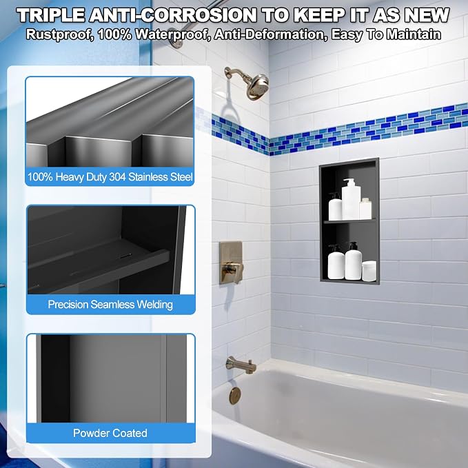304 Stainless Steel Shower Niche Insert-24 x 12" No Tile Needed Bathroom Niche - Image 3