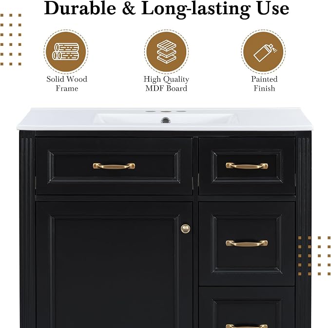 36 in Bathroom Vanity with Sink, Drawers and Flip-Out Drawers, Modern Solid - Image 8