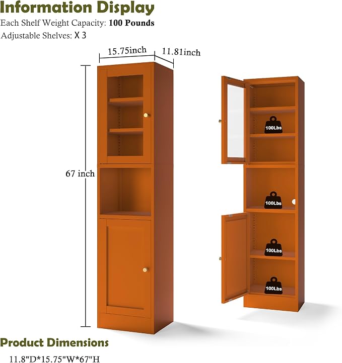 COFaR 67" Tall Metal Bathroom Storage Cabinet, 6-Tier Narrow Cabinet - Image 3
