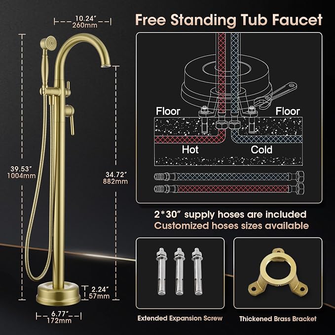Freestanding Tub Faucets, Brass Freestanding Bathtub Faucet - Image 9