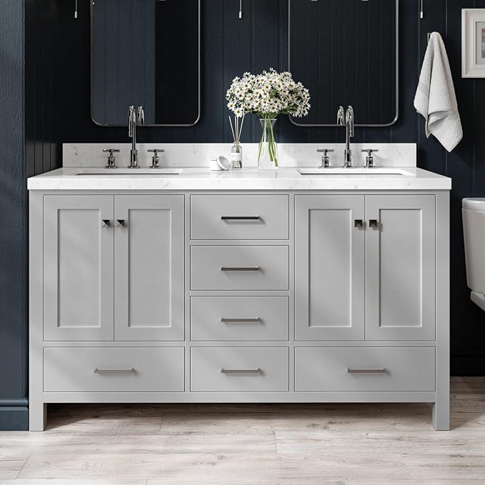 ARIEL Cambridge 60 Inch Grey Bathroom Vanity Double Sink, Solid Wood, Carrara by Ariel