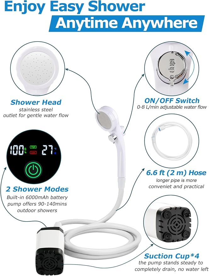 innhom Portable Camping Shower, 6000mAh Rechargeable Camp Shower Pump - Image 2