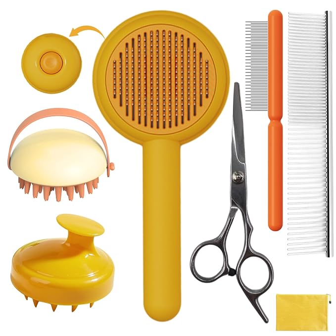 Dog Grooming Brush Set, Includes Scrubber Shower Wash Brush, Dematting Comb by KUEIOX