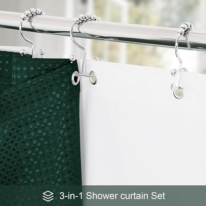 3 in 1 Long Dark Green Shower Curtain Set-72 W x 78 H, Modern Waffle and PEVA - Image 2