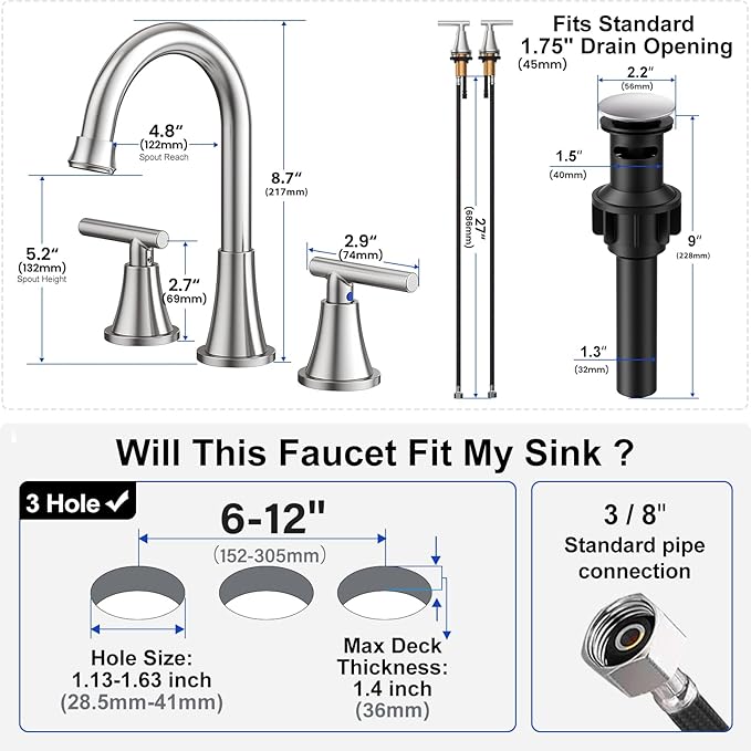 Bathroom Faucets for Sink 3 Hole, Hurran Brushed Nickel Bathroom Sink Faucet - Image 5