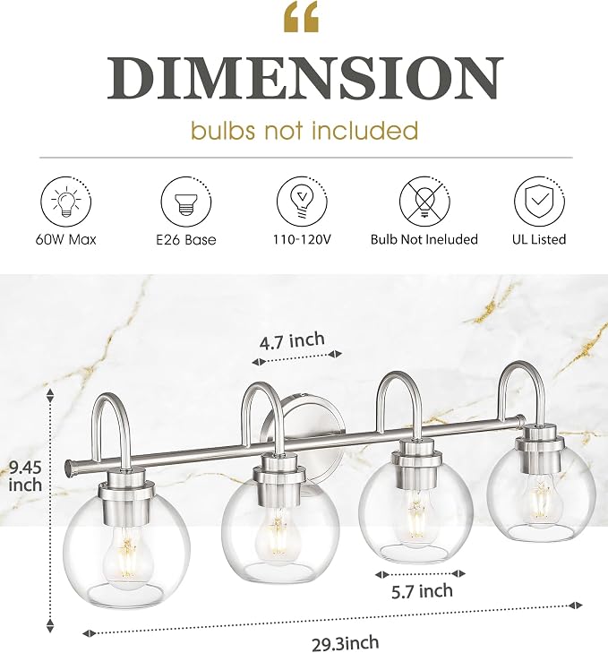 Bathroom Light Fixtures, 4-Light Brushed Nickel Vanity Lights Over Mirror - Image 2