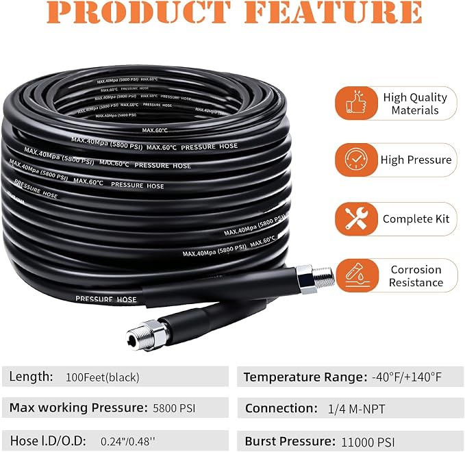 Sewer Jetter Kit for Pressure Washer, 100FT Drain Cleaner Hose 5800PSI - Image 2