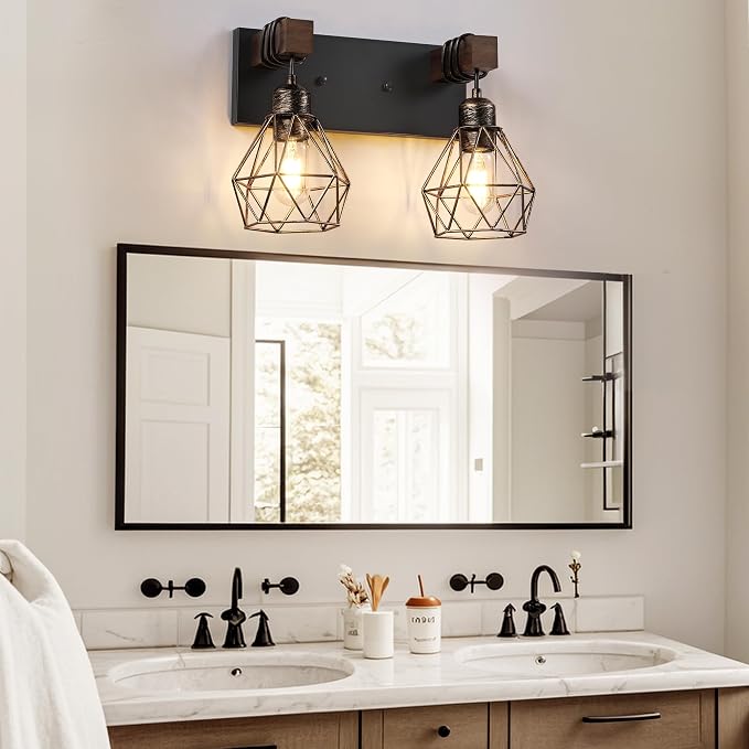 Farmhouse Vanity Light for Bathroom, 2-Light Black Gold Wood Bathroom Vanity - Image 9