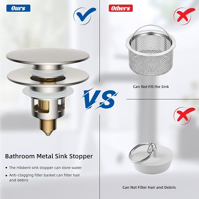 Hibbent 2 Pack All Metal Upgraded Bathroom Sink Stopper, Universal Pop Up Sink - Image 5