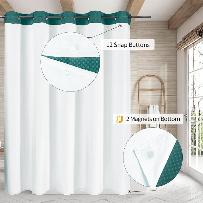 MitoVilla No Hooks Needed Dark Green Waffle Shower Curtain Liner Set, Modern - Image 2