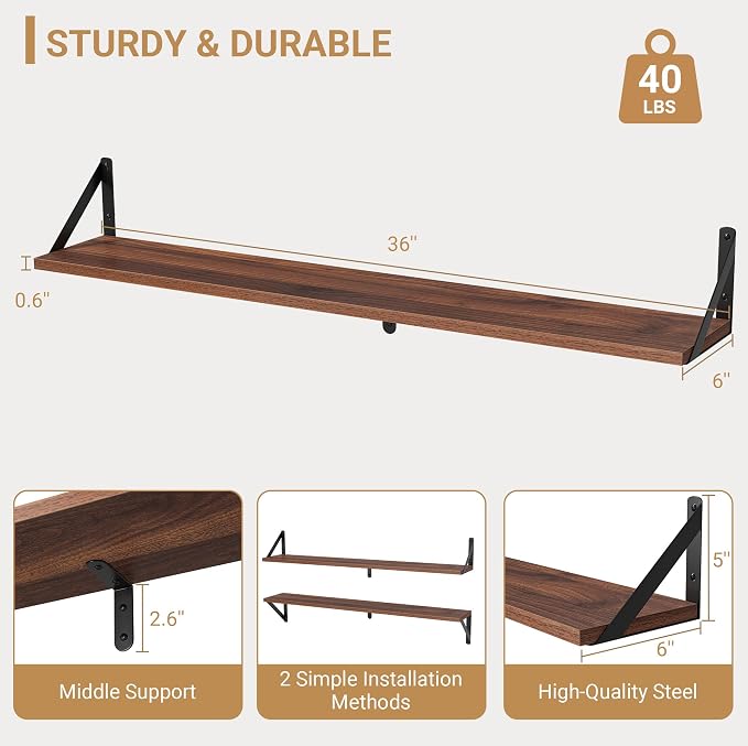 Heimlove Floating Shelves for Wall, 36 Inch Long Wood Floating Bookshelf Set of - Image 3