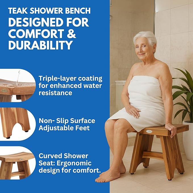 EcoDecors Teak Shower Bench 18", 300 lb Capacity – Waterproof Wood Bath Seat - Image 3