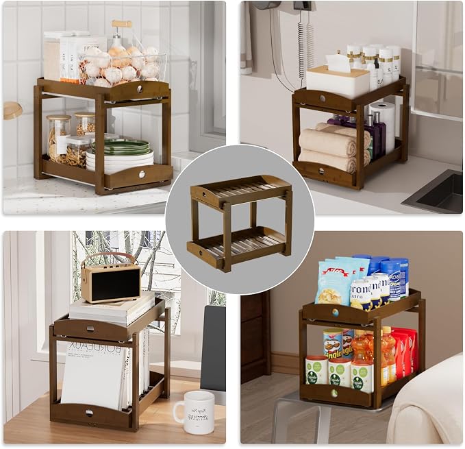 Bamboo Wood Under Sink Organizer 1 Pack, Pull Out Cabinet Organizer 2 Tier - Image 4
