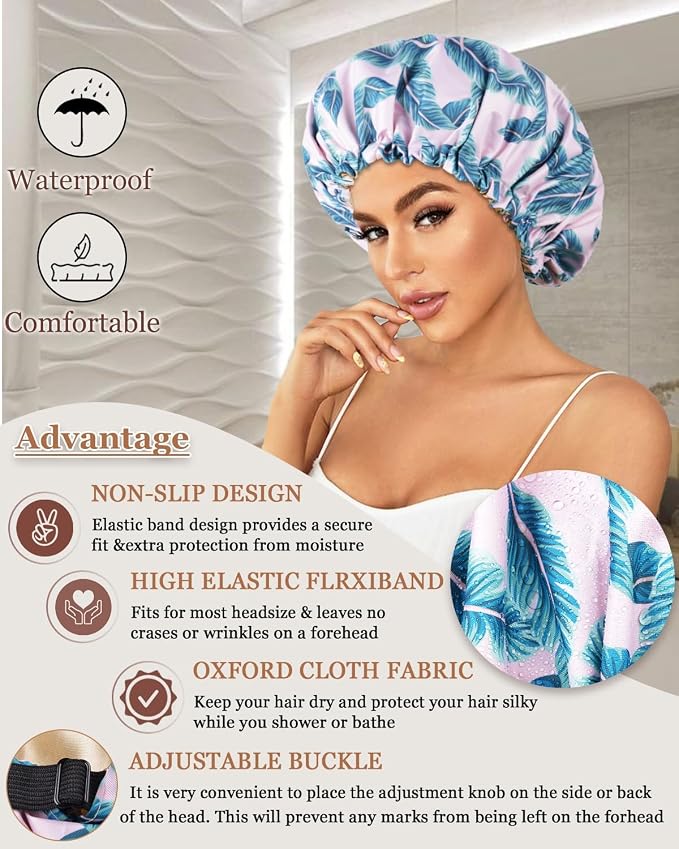 Large Shower Caps for Women Reusable Waterproof Satin Lined Shower Cap - Image 5