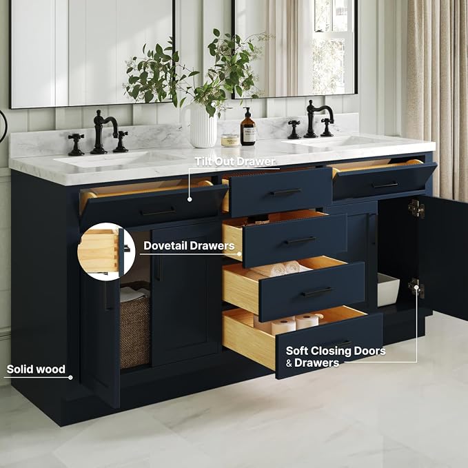 ARIEL Double Vanity 73" Midnight Blue, 1.5" Edge Italian Carrara Marble - Image 3