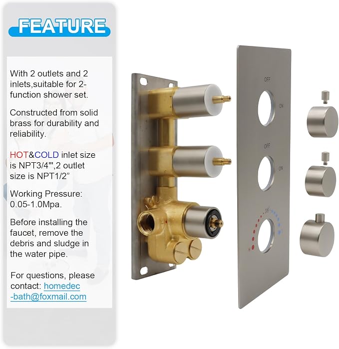 HOMEDEC Brushed Nickel 2 Way Shower Diverter Valve, Brass Dual Functions - Image 7