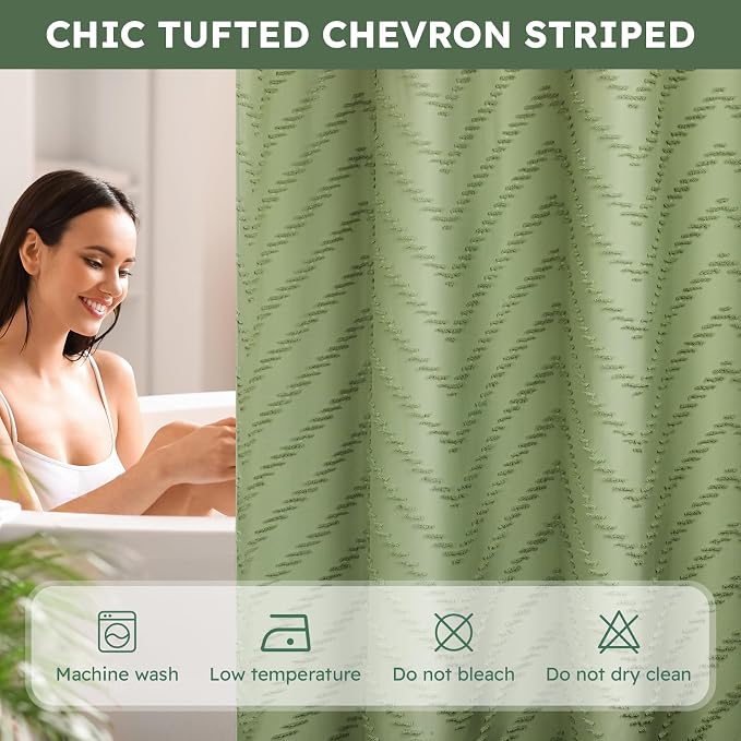 No Hook Shower Curtain and Snap in Liner Set Sage Green Tufted Chevron Striped - Image 4