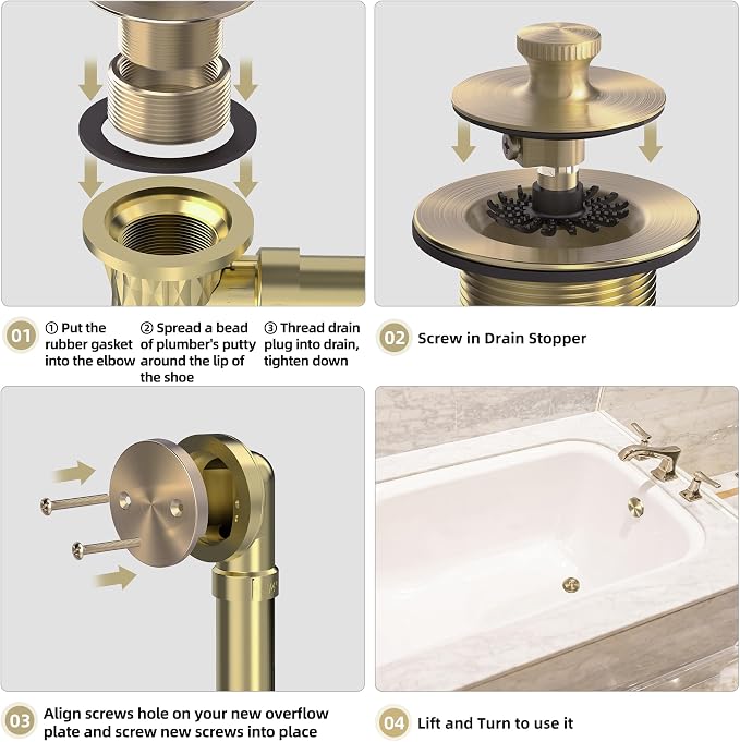Champagne Brushed Gold Bronze Bathtub Drain, Hair Catcher and 2-Hole Overflow - Image 7