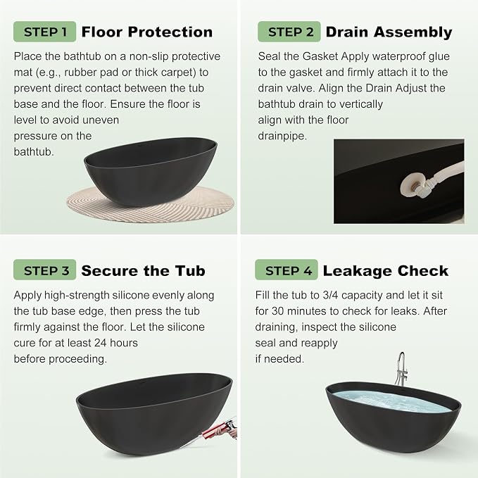 59" Premium Matte Black Solid Surface Freestanding Bathtub, Modern Design Stone - Image 9