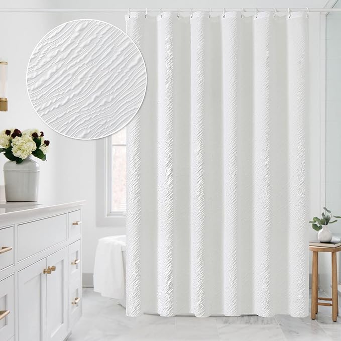 MitoVilla White Modern Fabric Shower Curtain, Farmhouse Waves Cloth Shower by MitoVilla