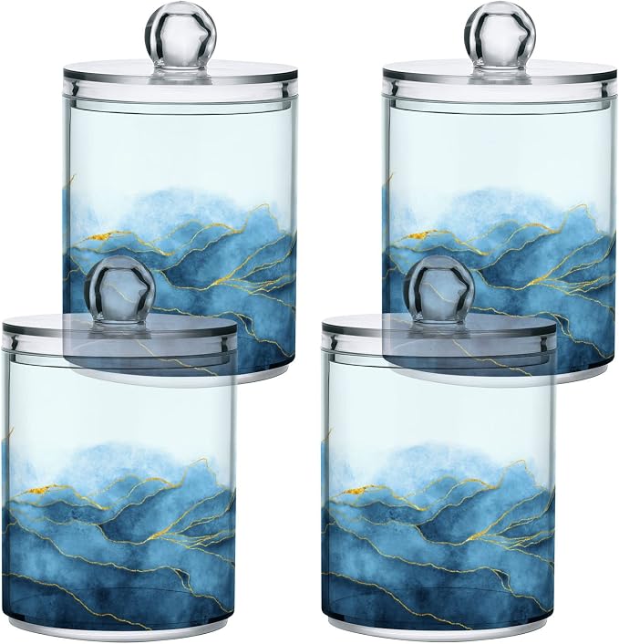 4 Pack Qtip Holder Organizer Dispenser Blue Watercolor Marble Bathroom - Image 2