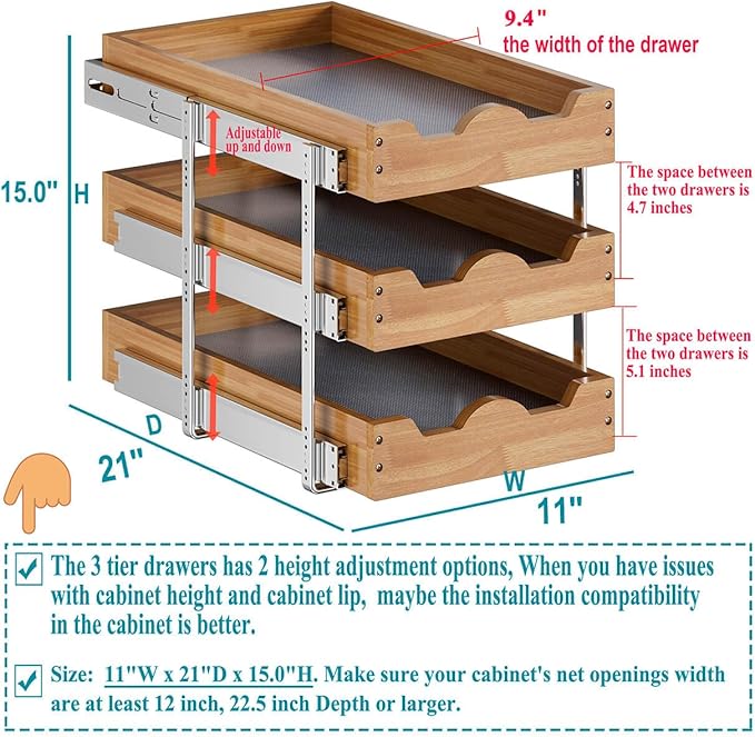 OCG Pull Out Cabinet Drawer 11" W x 21" D, 3 Tier Pull Out Cabinet Organizer - Image 3