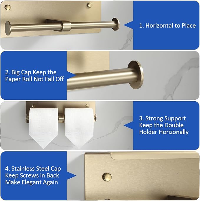 BGL Toilet Paper Holder with Shelf Matte Brushed Gold Double Head Toilet Tissue - Image 3