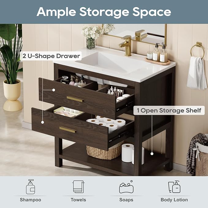 30 Inch Bathroom Vanity with Sink, Cabinet Sink Farmhouse Style with Drawers & - Image 3