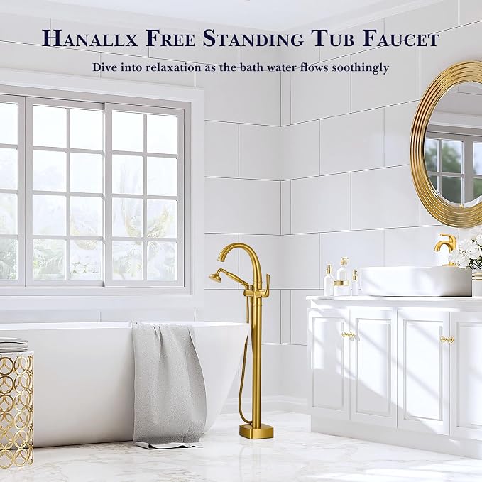 Free Standing Tub Faucet, Hanallx Luxury Brushed Gold Freestanding Bathtub - Image 2