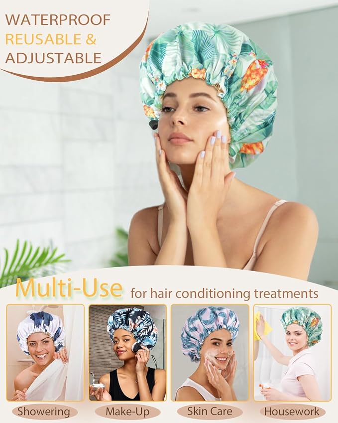 Large Shower Caps for Women Reusable Waterproof Satin Lined Shower Cap - Image 2